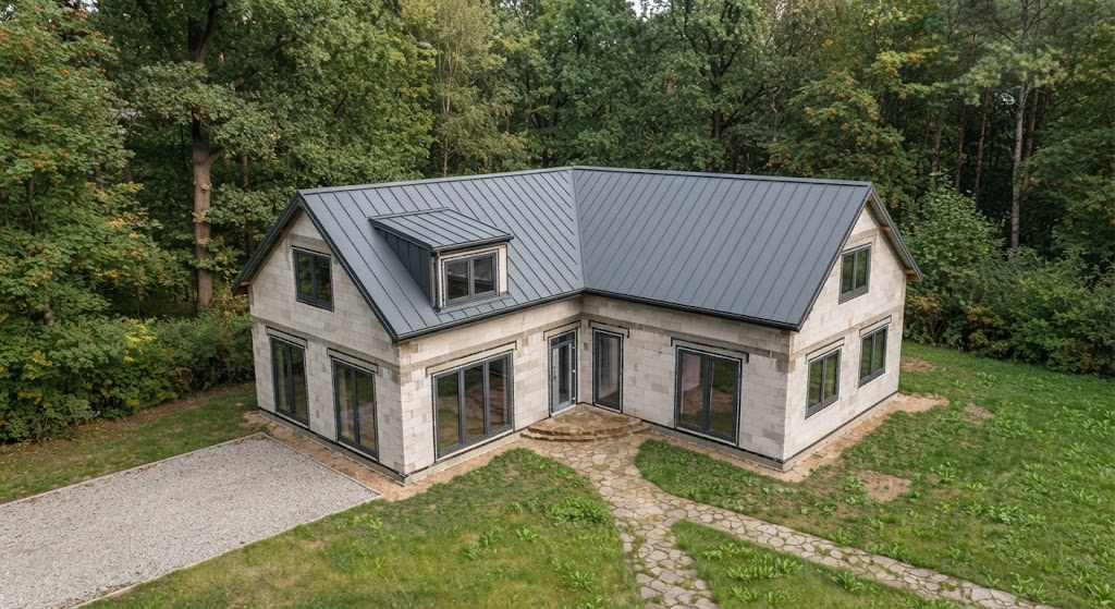 L-образный дом из газоблока: окна REHAU в стройке