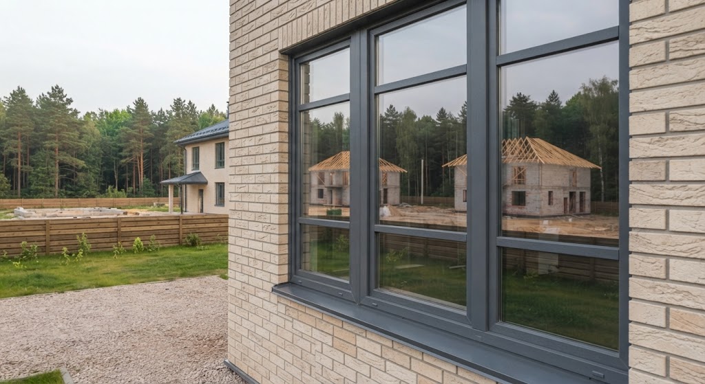 Кирпичный дом с окнами REHAU в цвете RAL 7016