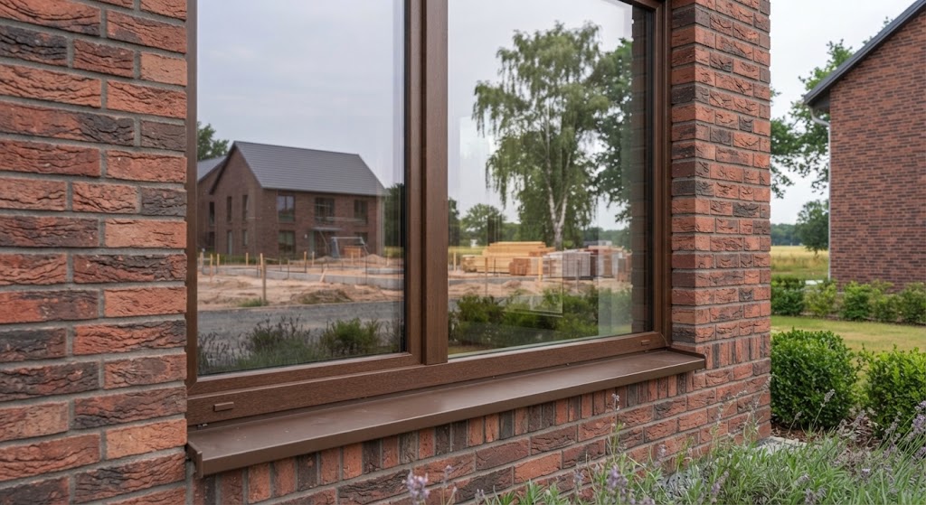 Кирпичный дом с окнами REHAU в цвете RAL 8017