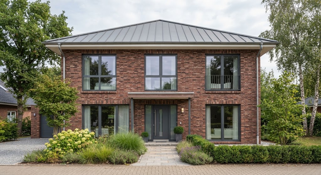 Кирпичный дом с окнами REHAU в цвете RAL 7024