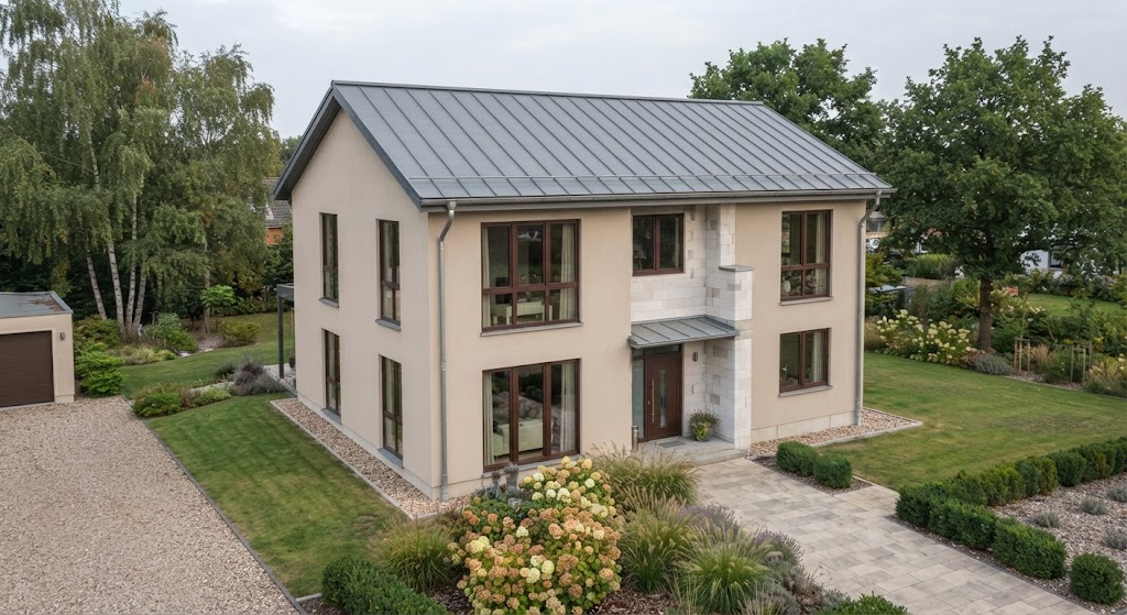 Дом из пеноблоков с окнами REHAU RAL 7024