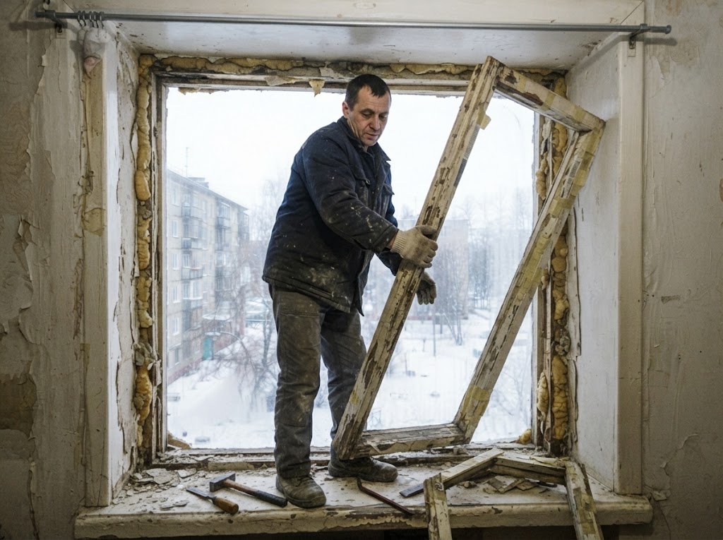 Демонтаж старого деревянного окна: рабочий снимает раму в квартире