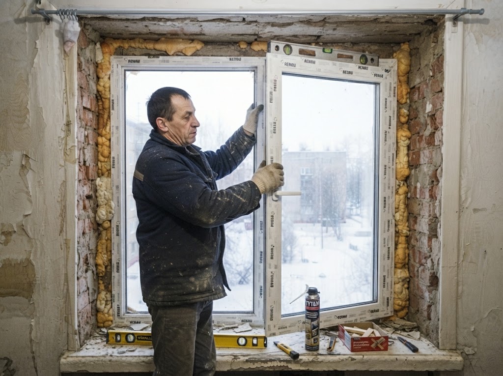 Монтаж пластикового окна REHAU: рабочий выравнивает раму в проёме